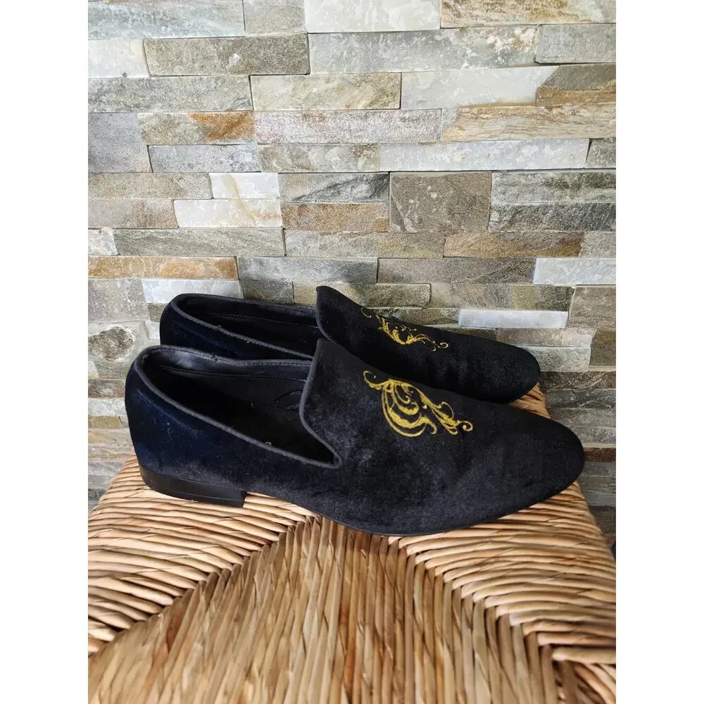 Zara Black Velvet Gold Emperor Embroidered Loafers Slip On Shoe Mens US 12 EU 45